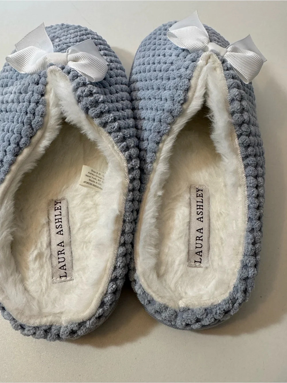 Laura Ashley Light Blue Plush Bow-Top Kids Slippers